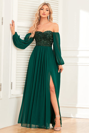 Vestido de fiesta de lentejuelas verde oscuro de una línea con mangas